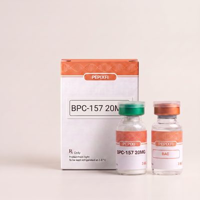 BPC-157 20mg — förpackning, vial och medföljande BAC-vatten, Pepixfi