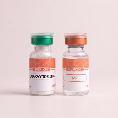 Larazotide 5mg — vialen och BAC-vattnet sida vid sida