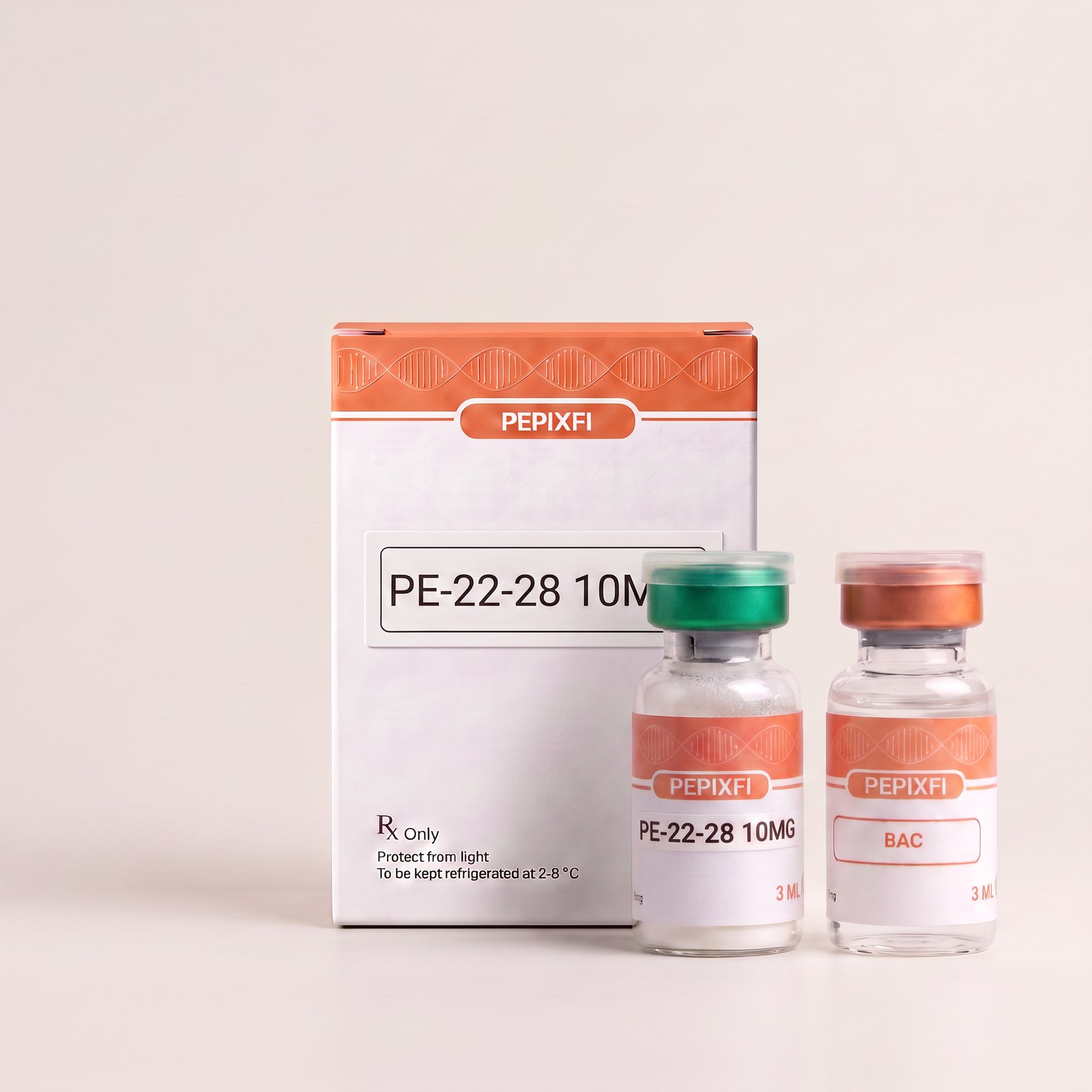 PE-22-28 10mg — förpackning, vial och medföljande BAC-vatten, Pepixfi