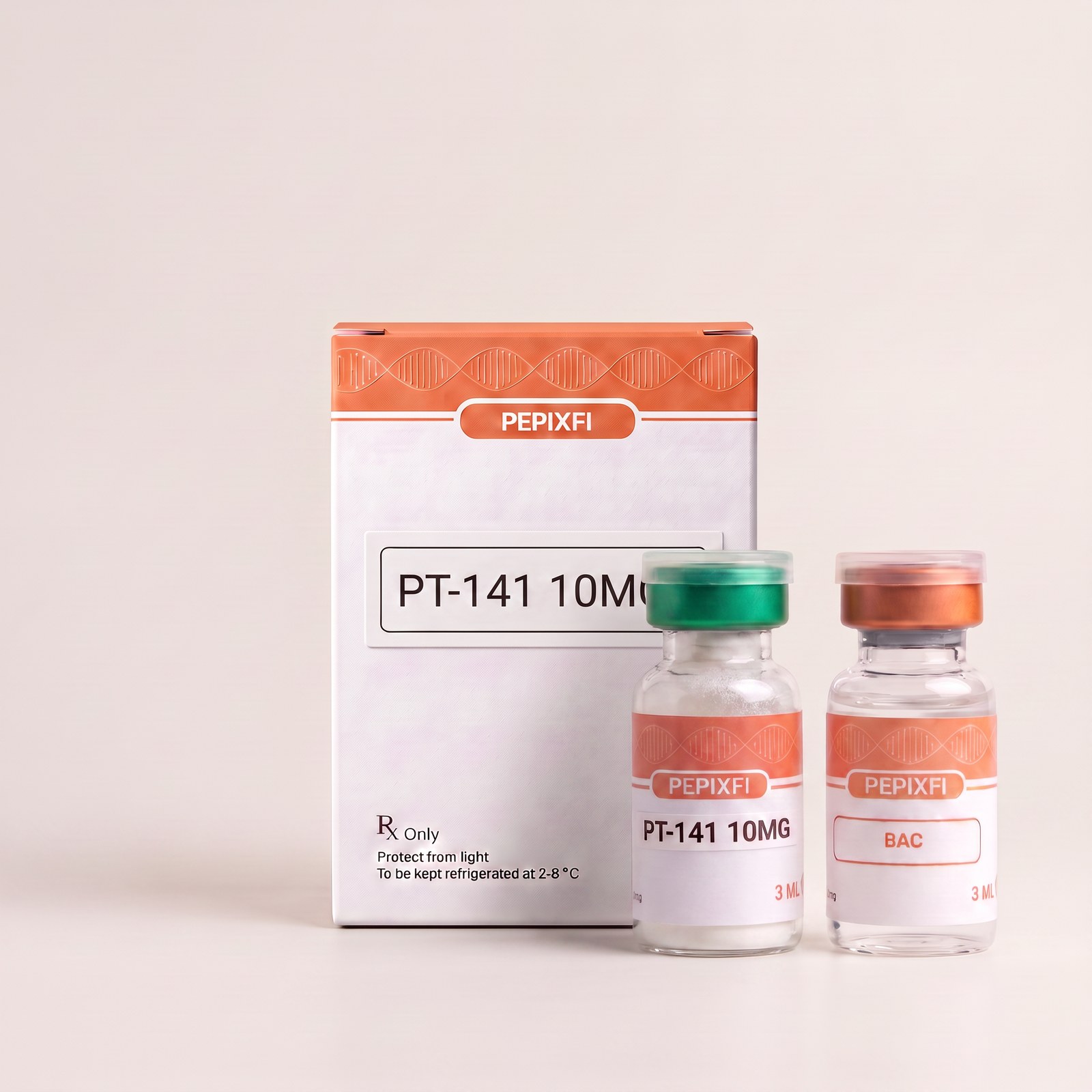 PT-141 10mg — förpackning, vial och medföljande BAC-vatten, Pepixfi