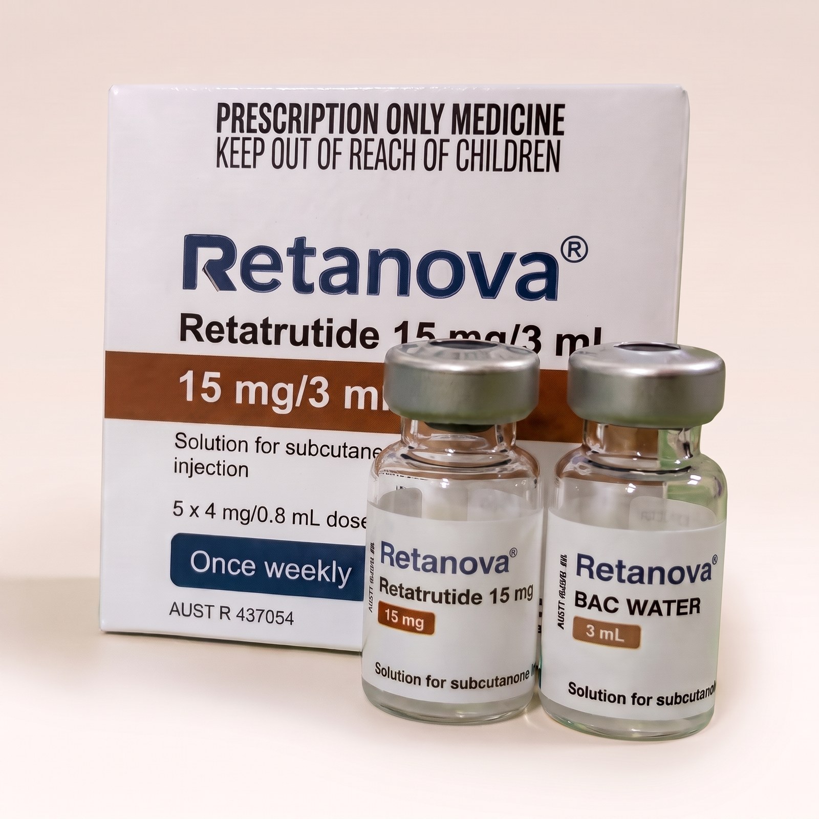 Retatrutide Vial 15mg — vial och BAC-vatten, förpackning från Pepixfi
