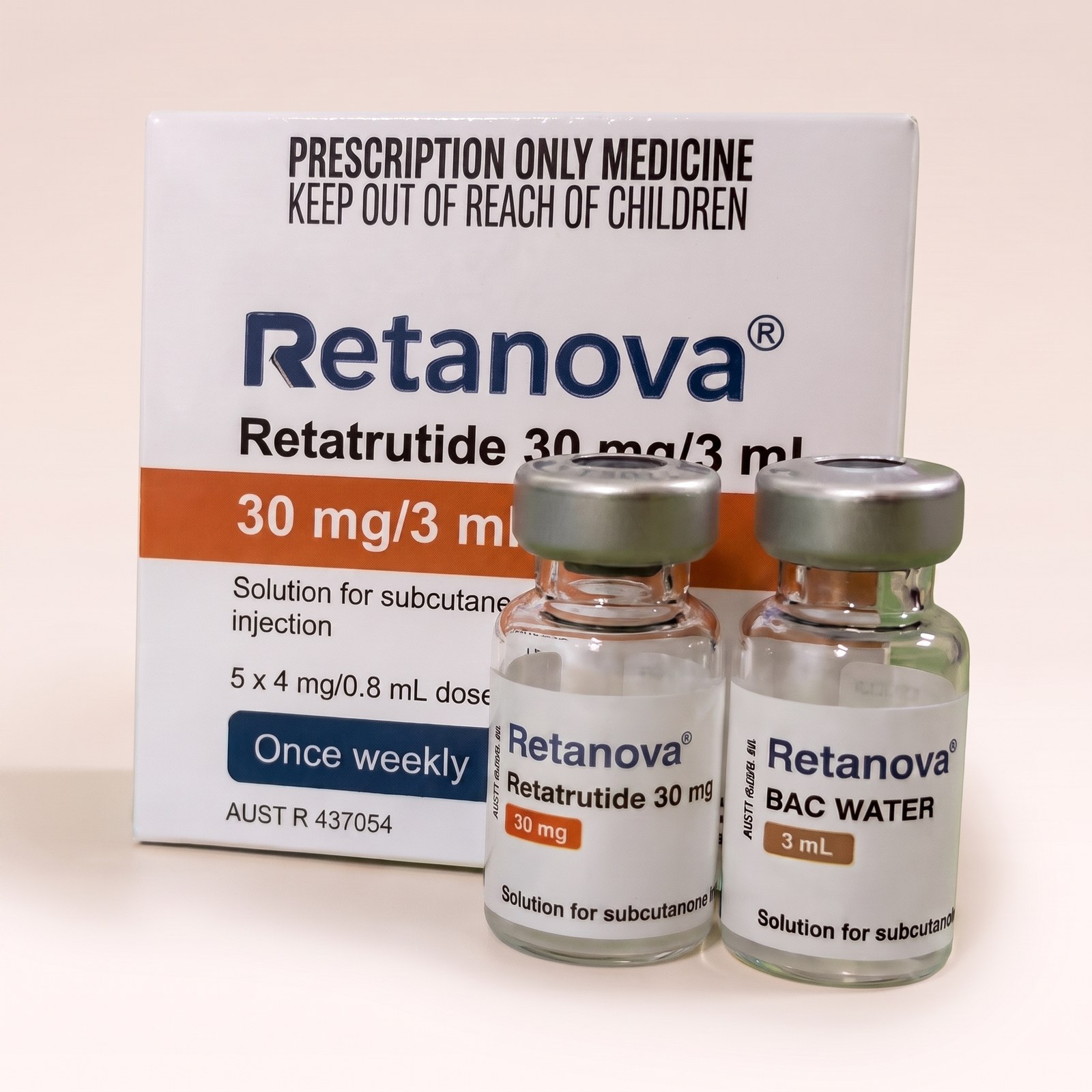Retatrutide Vial 30mg — vial och BAC-vatten, förpackning från Pepixfi