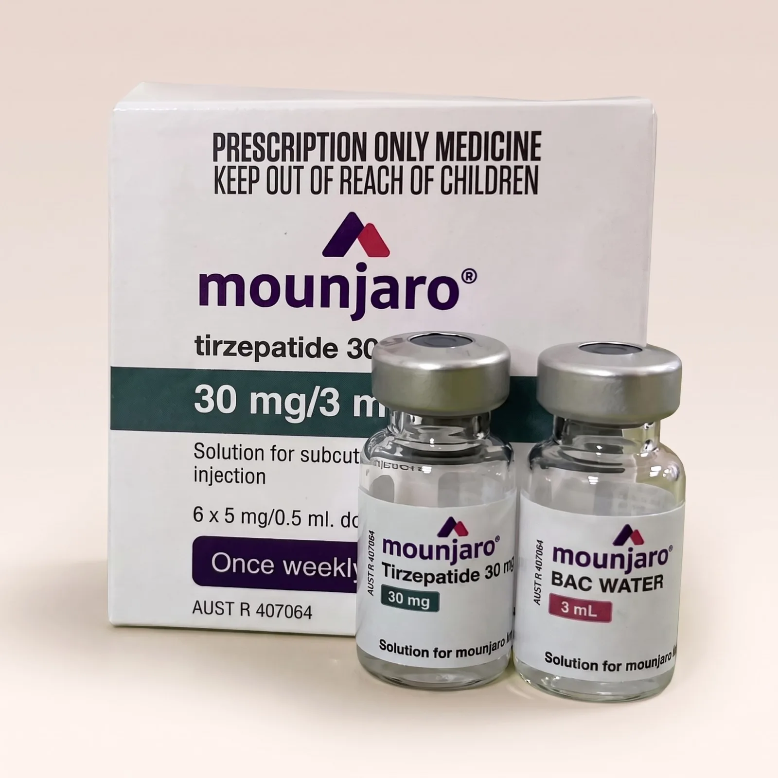 Tirzepatide Vial 30mg — förpackning, vial och medföljande BAC-vatten, Pepixfi